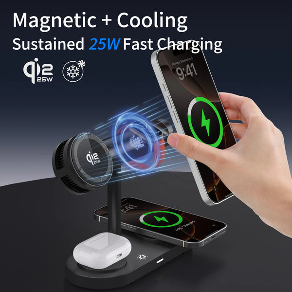 Revolutionary 7-in-1 Magnetic Wireless Charger with LED Light & Cooling Fan - Fast Qi2 Charging for 2 Phones & Smartwatch
