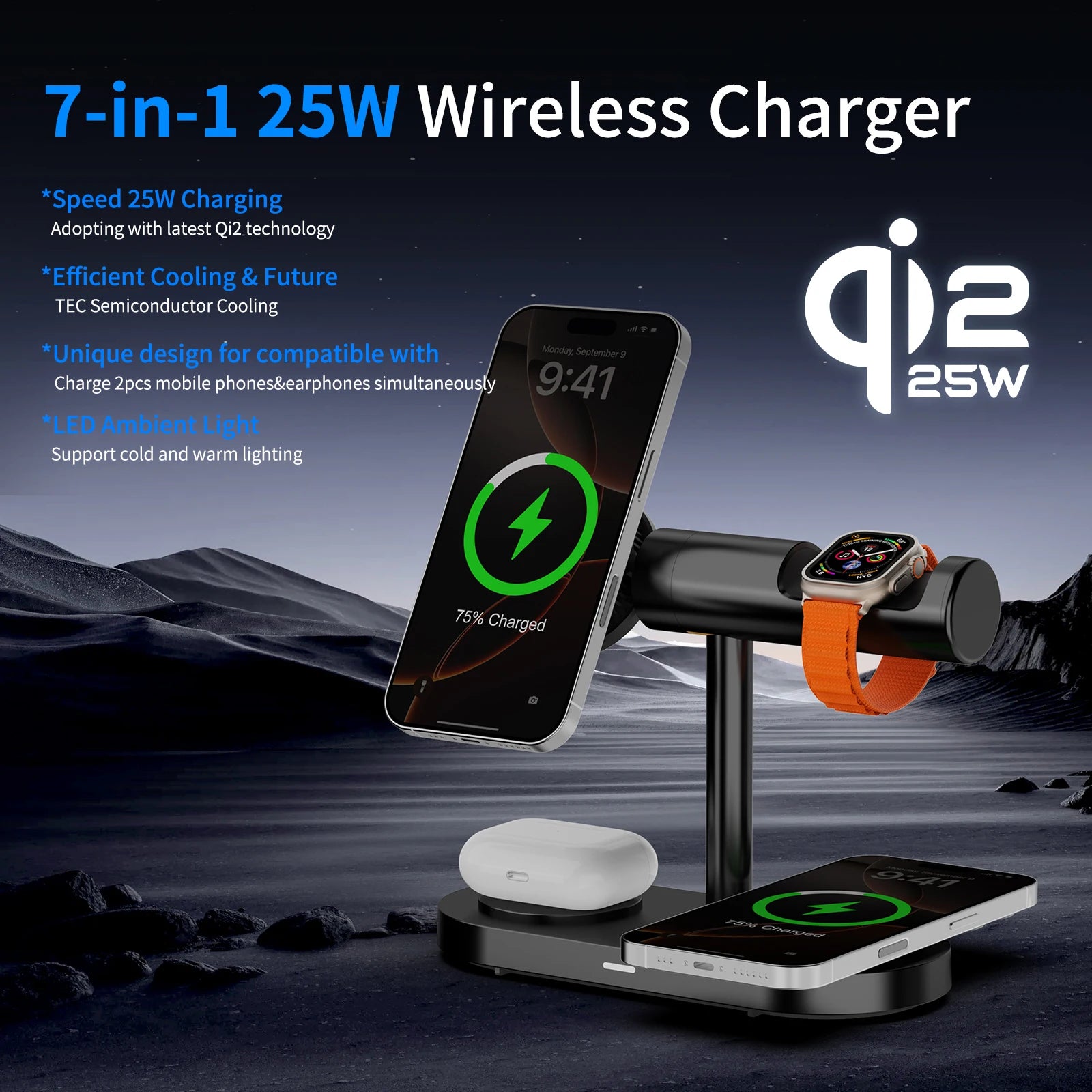 Revolutionary 7-in-1 Magnetic Wireless Charger with LED Light & Cooling Fan - Fast Qi2 Charging for 2 Phones & Smartwatch