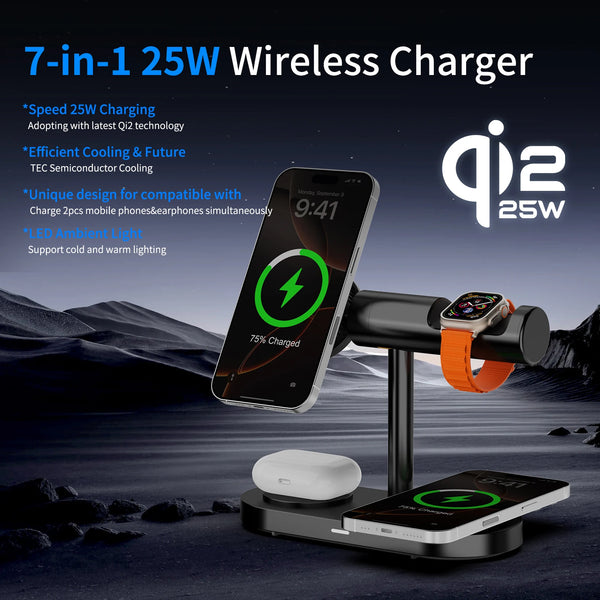 Revolutionary 7-in-1 Magnetic Wireless Charger with LED Light & Cooling Fan - Fast Qi2 Charging for 2 Phones & Smartwatch