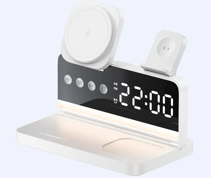 Revolutionize Your Charging Experience with the 5-in-1 Qi2 Magnetic Wireless Charger Stand - Fast Charging Station for iPhone, Samsung, iWatch, and AirPods with LED Night Light & Alarm Clock