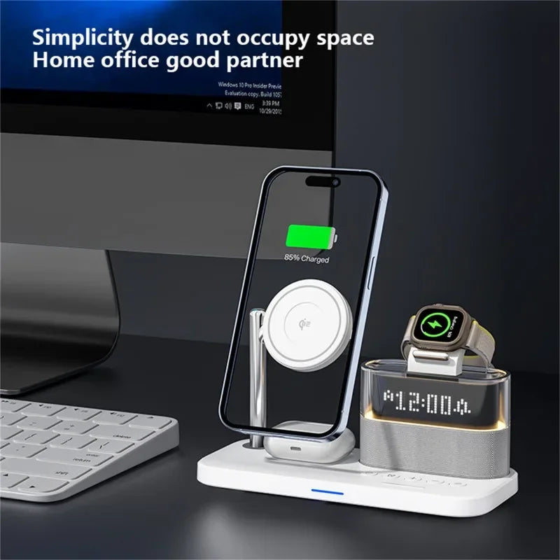 Revolutionize Your Charging Experience with the 5-in-1 Qi2 Magnetic Wireless Charger Stand - Fast Charging Station for iPhone, Samsung, iWatch, and AirPods with LED Night Light & Alarm Clock