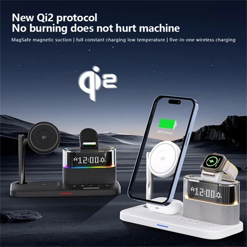 Revolutionize Your Charging Experience with the 5-in-1 Qi2 Magnetic Wireless Charger Stand - Fast Charging Station for iPhone, Samsung, iWatch, and AirPods with LED Night Light & Alarm Clock