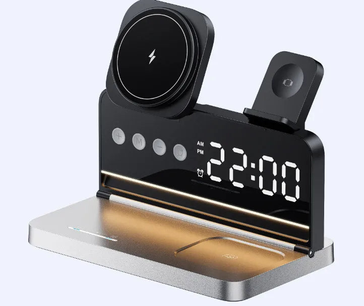 Revolutionize Your Charging Experience with the 5-in-1 Qi2 Magnetic Wireless Charger Stand - Fast Charging Station for iPhone, Samsung, iWatch, and AirPods with LED Night Light & Alarm Clock
