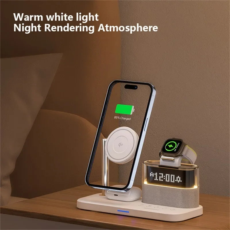 Revolutionize Your Charging Experience with the 5-in-1 Qi2 Magnetic Wireless Charger Stand - Fast Charging Station for iPhone, Samsung, iWatch, and AirPods with LED Night Light & Alarm Clock