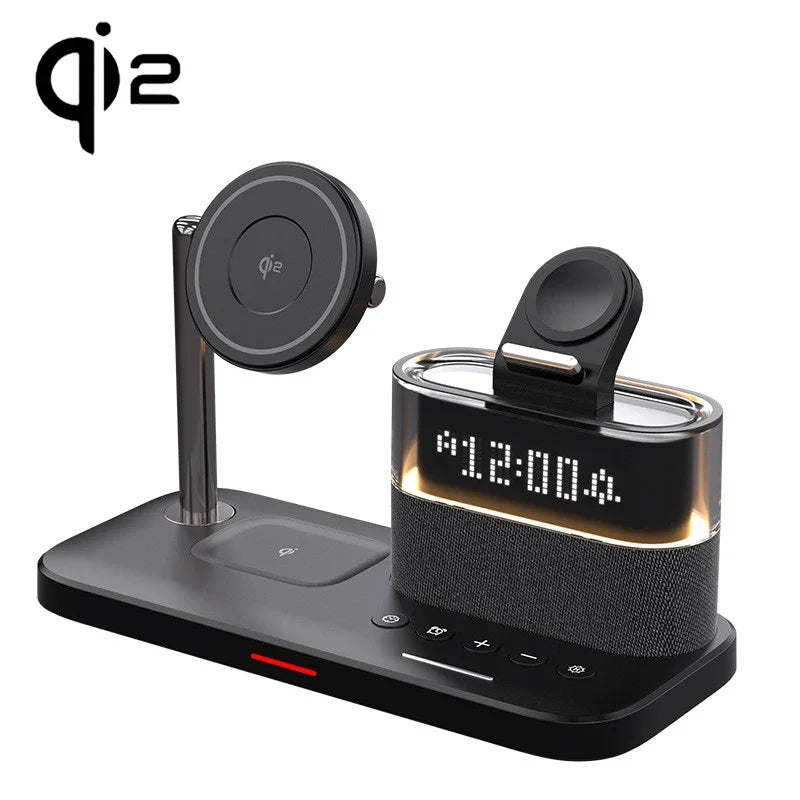 Revolutionize Your Charging Experience with the 5-in-1 Qi2 Magnetic Wireless Charger Stand - Fast Charging Station for iPhone, Samsung, iWatch, and AirPods with LED Night Light & Alarm Clock