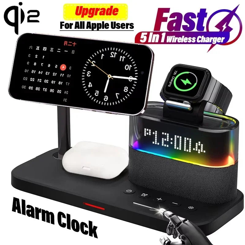 Revolutionize Your Charging Experience with the 5-in-1 Qi2 Magnetic Wireless Charger Stand - Fast Charging Station for iPhone, Samsung, iWatch, and AirPods with LED Night Light & Alarm Clock