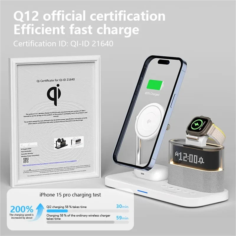 Revolutionize Your Charging Experience with the 5-in-1 Qi2 Magnetic Wireless Charger Stand - Fast Charging Station for iPhone, Samsung, iWatch, and AirPods with LED Night Light & Alarm Clock