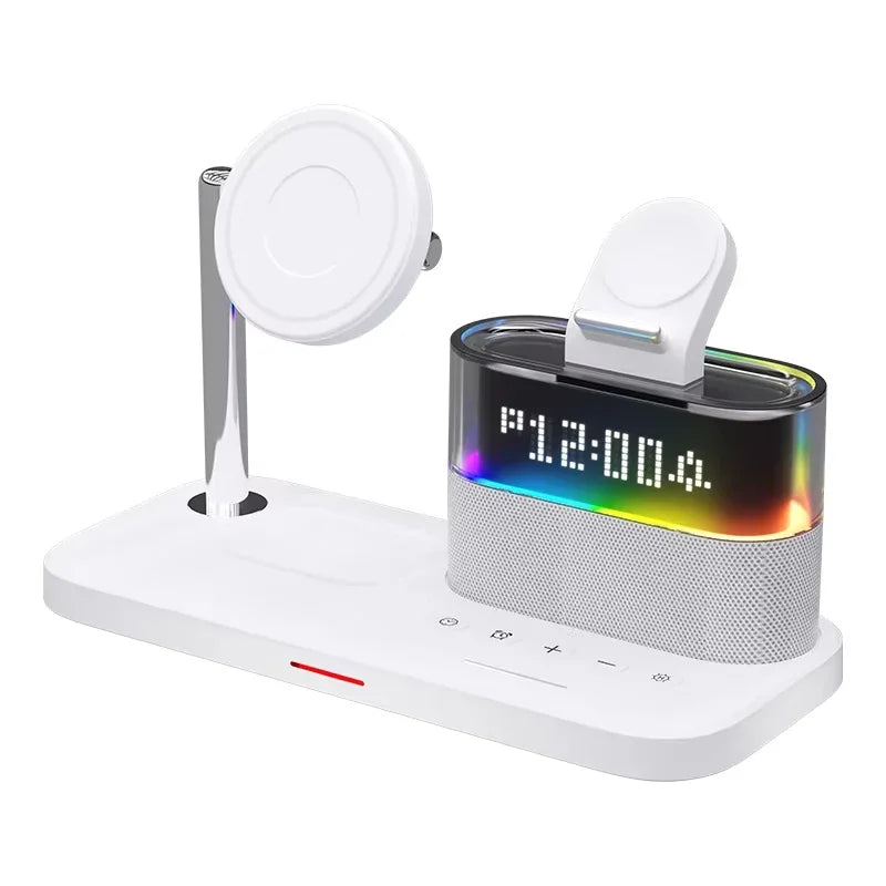 Revolutionize Your Charging Experience with the 5-in-1 Qi2 Magnetic Wireless Charger Stand - Fast Charging Station for iPhone, Samsung, iWatch, and AirPods with LED Night Light & Alarm Clock