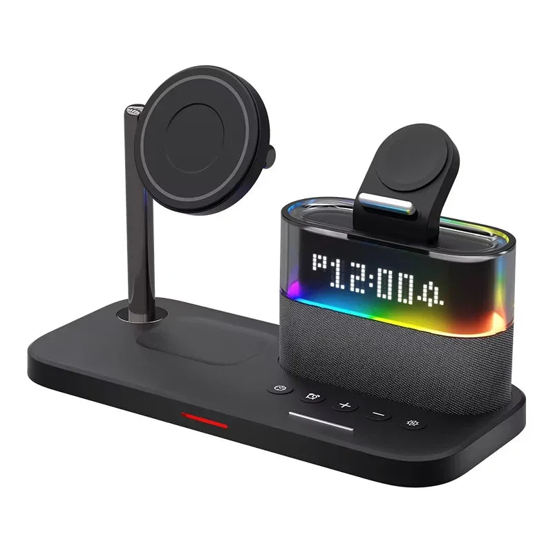 Revolutionize Your Charging Experience with the 5-in-1 Qi2 Magnetic Wireless Charger Stand - Fast Charging Station for iPhone, Samsung, iWatch, and AirPods with LED Night Light & Alarm Clock