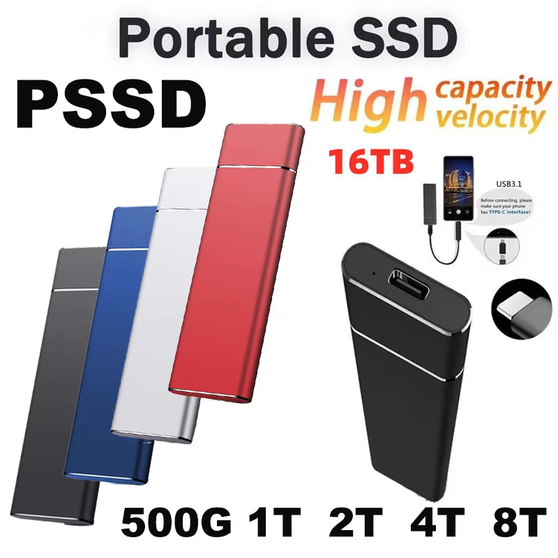 High-Speed Portable SSD – Up to 16TB External Hard Drive with USB 3.1 – Ideal for Travel and Storage in Blue, Red, and Black